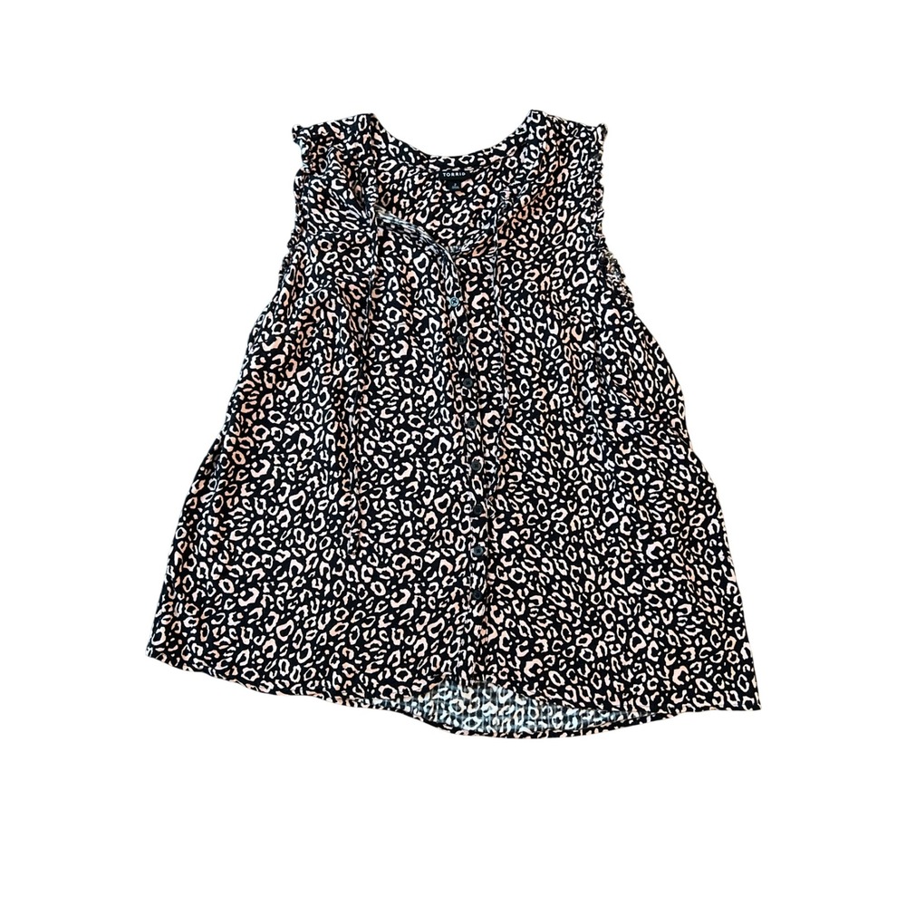 Torrid Womens Pink Black Leopard Print Sleeveless Ruffle Button Front Blouse 2